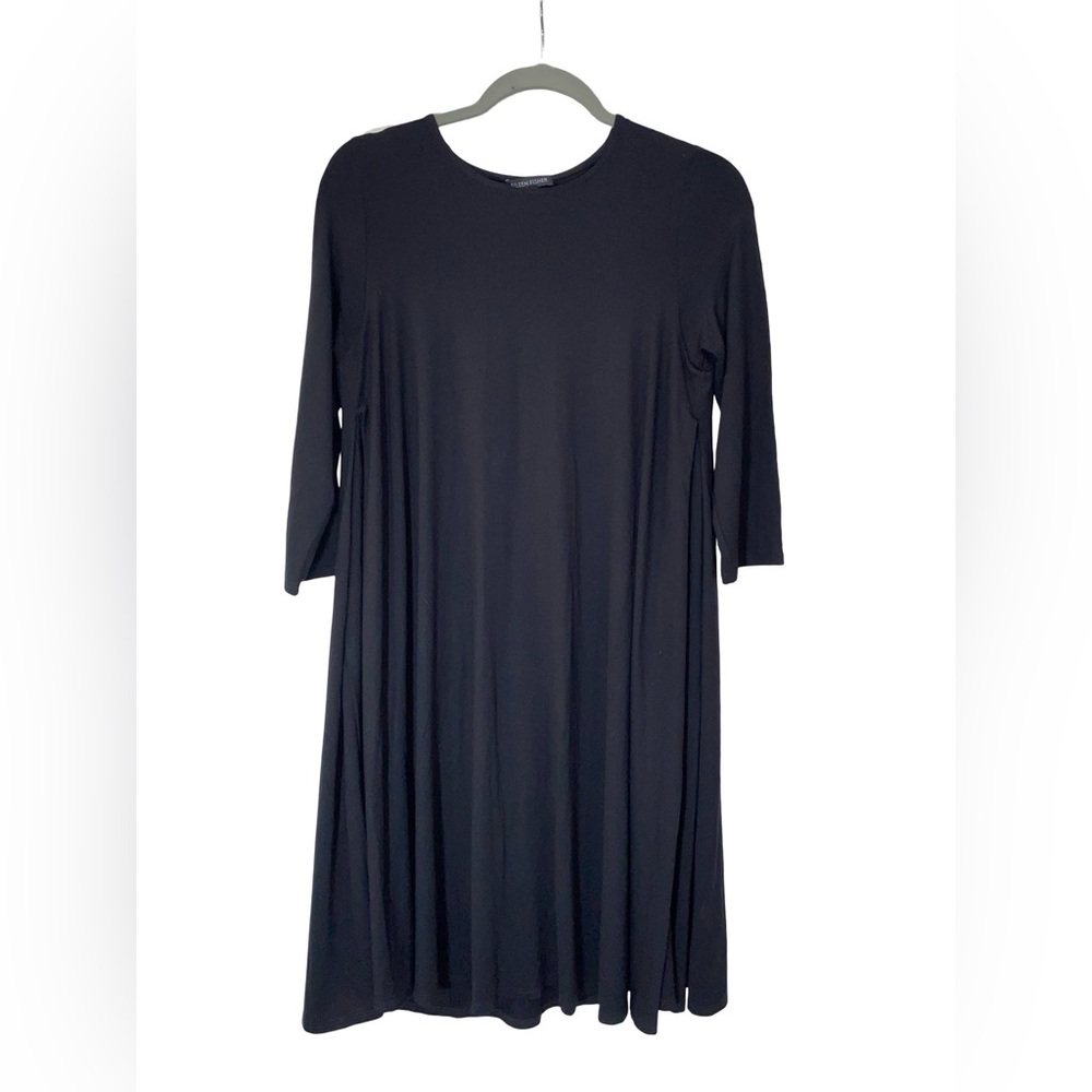 Eileen Fisher Black 3/4 Sleeve flowy casual jersey Dress with pockets size Small
